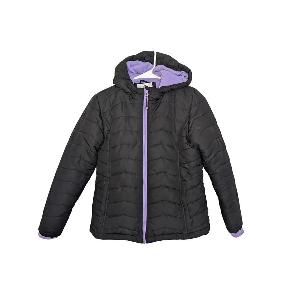 Magellan Outdoors Girls Coats, Black & Purple Fleece Lined Puffer Coat, Sz L